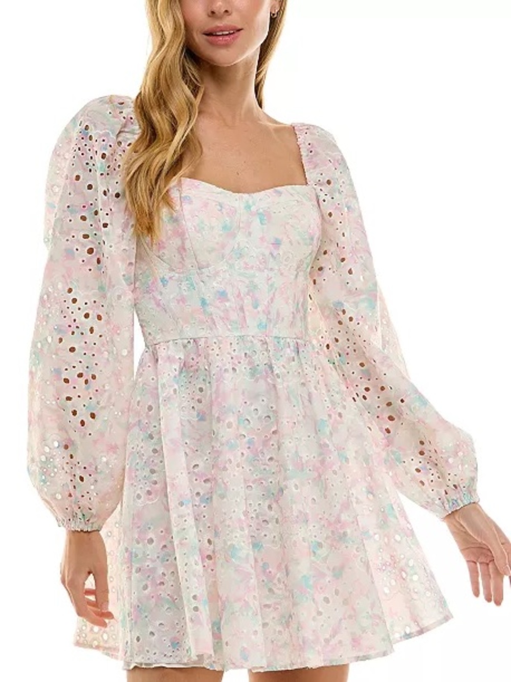 City Studio Pastel Floral Eyelet Puff-Sleeve Mini Dress - Pink & Blue
